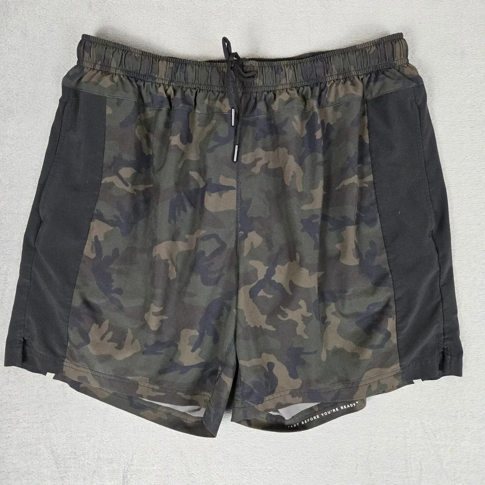 FourLaps‎ Shorts Mens XL Green Camo Lined Running Gym Performance Drawstring